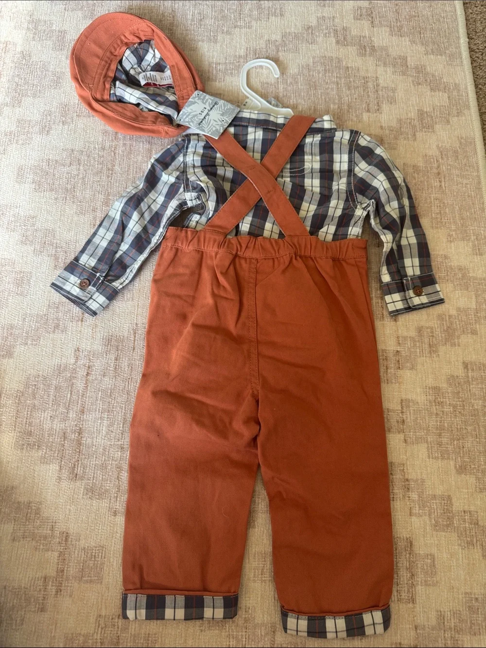 Carter's Rust Orange Overalls with Navy & Cream Plaid Shirt and Cap size 9M NWT